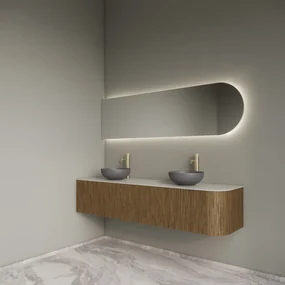 Gliss Design Alluro badmeubel ribbelfront met ronding rechts 180cm castle brown en wit marmer toppaneel