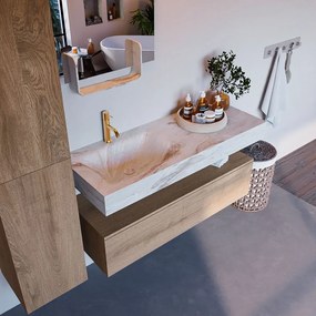 Mondiaz Alan DLux badmeubel 120cm washed oak 1 lade met wastafel frappe links 1 kraangat