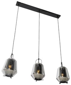 Hanglamp zwart met smoke glas 23 cm langwerpig 3-lichts - Kevin