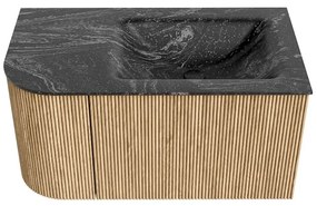 Mondiaz Kurve-dlux 85cm badmeubel ronding links oak met 1 lade en deur en wastafel cloud kraangat rechts lava