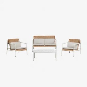 Tuinset Met 2-zitsbank, 2 Fauteuils En Salontafel Van Aluminium En Synthetisch Riet Duroli Glaciale Wit - Sklum