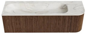 Mondiaz Kurve-dlux 145cm badmeubel ronding rechts walnut met 1 lade en deur en wastafel big large links 2 kraangaten ostra