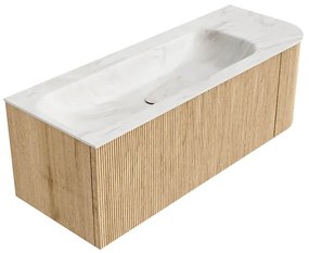 Mondiaz Kurve-dlux 125cm badmeubel ronding rechts oak met 1 lade en deur en wastafel big medium links zonder kraangat ostra