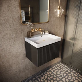 Fontana Milo badmeubel 60cm ribbelfront mat zwart met glans witte wastafel 0 kraangaten