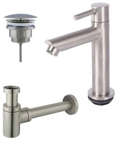 Fortifura Calvi fonteinkraanset met staande fonteinkraan laag, always open plug en design sifon Geborsteld RVS PVD (RVS) SW696237 / SW696207 / SW696217