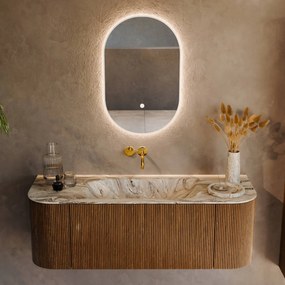 Mondiaz Kurve-dlux 130cm badmeubel ronding links/rechts dusk met 1 lade en 2 deuren en wastafel big small midden zonder kraangat glace
