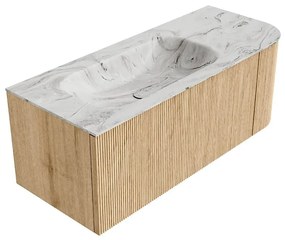 Mondiaz Kurve-dlux 115cm badmeubel ronding rechts oak met 1 lade en deur en wastafel big small links zonder kraangat glace