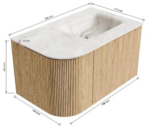 Mondiaz Kurve-dlux 75cm badmeubel ronding links ruby met 1 lade en deur en wastafel grunne kraangat rechts frappe