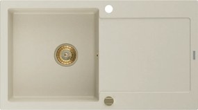 Mexen Leo granieten spoelbak 1-komors met afdruiprek 900 x 500 mm, beige, gouden sifon - 6501901010-69-G