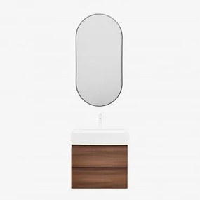Badkamermeubelset Van Hout En Essenhoutfineer Met Geïntegreerde Wastafel Ona Donker Hout & Ovale Led En Anticondens Zwart 50x100 Cm Asteiro - Sklum