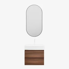 Badkamermeubelset Van Hout En Essenhoutfineer Met Geïntegreerde Wastafel Ona Donker Hout & Ovale Led En Anticondens Zwart 50x100 Cm Asteiro - Sklum