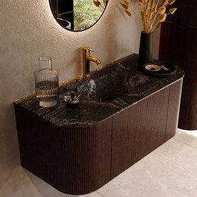 Mondiaz Kurve-dlux 100cm badmeubel ronding links/rechts ruby met 1 lade en 2 deuren en wastafel grunne midden 1 kraangat lava
