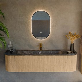Mondiaz Kurve-dlux 170cm badmeubel ronding links/rechts oak met 1 lade en 2 deuren en wastafel big large midden 1 kraangat lava