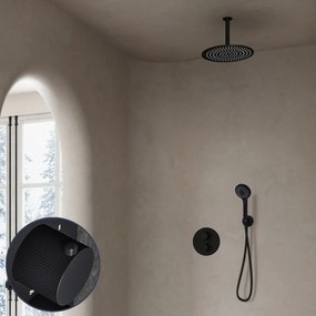 Saniclear Nero Stripes inbouw regendouche rond met 20cm hoofddouche, plafondarm en 3 standen handdouche zwart mat