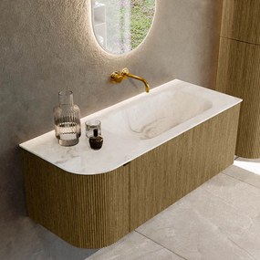 Mondiaz Kurve-dlux 115cm badmeubel ronding links dusk met 1 lade en deur en wastafel big small rechts zonder kraangat frappe