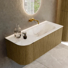 Mondiaz Kurve-dlux 115cm badmeubel ronding links dusk met 1 lade en deur en wastafel big small rechts zonder kraangat frappe