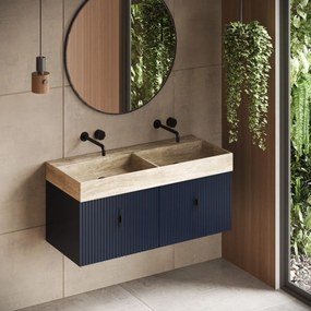 Muebles Zahora badmeubel ribbelfront 120cm marine blauw met White Travertin wastafel zonder kraangaten