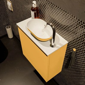 Mondiaz Fowy toiletmeubel 50cm ocher met gele waskom rechts en kraangat