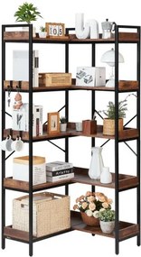 VEVOR 5-laags hoekschap, hoge hoekstandaard met 4 haken, displayplank, opbergrek met metalen frame en houten planken, staande plank, tentoonstellingsboekenplank voor slaapkamer, woonkamer, kantoor, bruin