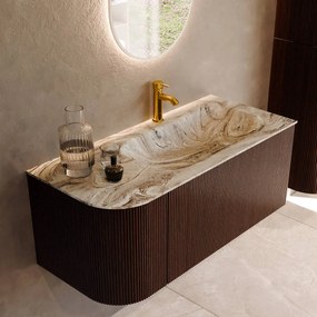 Mondiaz Kurve-dlux 105cm badmeubel ronding links ruby met 1 lade en deur en wastafel big small kraangat rechts glace