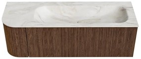 Mondiaz Kurve-dlux 135cm badmeubel ronding links walnut met 1 lade en deur en wastafel big medium kraangat rechts ostra