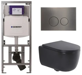 QeramiQ Dely Swirl Toiletset - 36.3x51.7cm - Geberit UP320 Burda inbouwreservoir - 35mm zitting - gunmetal bedieningsplaat - ronde knoppen - mat zwart 0701131/SW706198/SW1000769/SW1026258