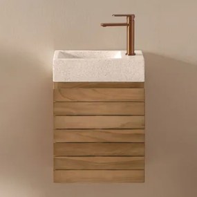 Conjunto Vaniteitmeubel Zwevend Van Teakhout Met Geïntegreerde Wasbak Van Napier-cement Teakhout & Spiegelloze & Roségoud - Sklum