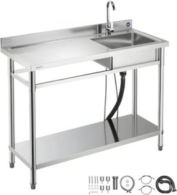 VEVOR RVS spoelbak (120 x 50 x 94 cm), enkele kom met kraan en plank, keukengootsteen voor garage, restaurant, wasruimte, buitenwasbak met werkblad (links)