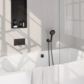 BRAUER Black Edition thermostatische inbouw badkraan - drukknoppen SET 04 - badvulcombinatie - 3 standen handdouche - doucheslang - wandaansluitbocht - zwart mat 5-S-209