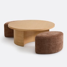 Ronde eiken gefineerde salontafel met 2 poefs, JEN