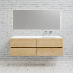 Zaro Valencia Solid Surface badmeubel 150cm licht eiken zonder kraangat spoelbak rechts met 4 lades