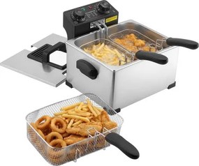 VEVOR Commerciële Elektrische Friteuse, 5,2 liter oliecapaciteit, 2500 W, roestvrij staal, tafelmodel met frituurmandjes (twee kleine + één grote), oververhittingsbeveiliging, temperatuurregeling en timer, zilverkleurig