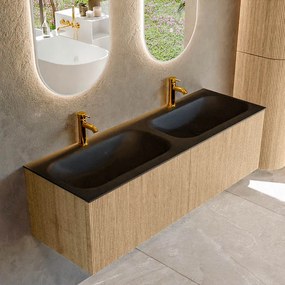 Mondiaz Kurve 140cm badmeubel oak met 2 lades en wastafel big small dubbel 2 kraangaten urban