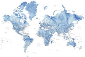 Kaart Watercolor world map with cities in muted blue, Vance, Blursbyai