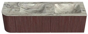 Mondiaz Kurve-dlux 155cm badmeubel ronding links ruby met 2 lades en 1 deur en wastafel leaf dubbel/rechts zonder kraangat glace