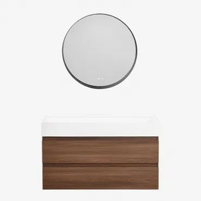 Badkamermeubelset Van Hout En Essenhoutfineer Met Geïntegreerde Wastafel Ona Donker Hout & Round Led And Antifog Zwart Ø80 Cm Kimacs & Zonder - Sklum