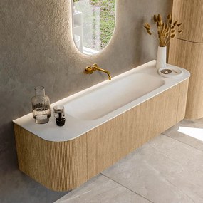 Mondiaz Kurve 160cm badmeubel ronding links/rechts oak met 1 lade en 2 deuren en wastafel big medium midden zonder kraangat