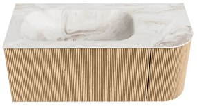 Mondiaz Kurve-dlux 105cm badmeubel ronding rechts oak met 1 lade en deur en wastafel big small links zonder kraangat frappe