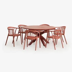 Set Van 145-200x145 Cm Ronde Uitschuifbare Tafel In Barces Aluminium En 6 Stapelbare Eetkamerstoelen Met Ivor Armleuningen Terracota - Sklum