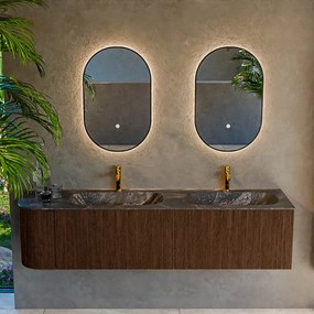 Mondiaz Kurve-dlux 175cm badmeubel ronding links walnut met 2 lades en 1 deur en wastafel stor small dubbel/rechts 2 kraangaten lava