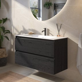 Saqu Gaia badmeubel incl. keramische wastafel 100x46x61cm eiken zwart – zwarte greeplijst