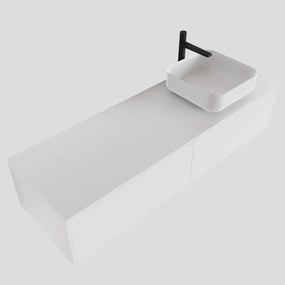 Zaro Lagom volledig naadloos solid surface onderkast met topblad 140cm mat wit met 2 lades Push tot open. Compleet met solid surface opzetkom met 1 kraangat(en)