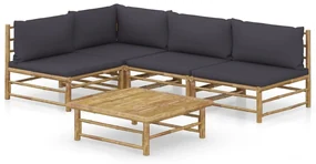 vidaXL 5-delige Loungeset met donkergrijze kussens bamboe