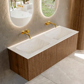 Mondiaz Kurve-dlux 130cm badmeubel walnut met 2 lades en wastafel leaf dubbel zonder kraangat opalo