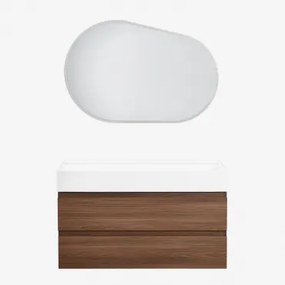 Badkamermeubelset Van Hout En Essenhoutfineer Met Geïntegreerde Wastafel Ona Donker Hout & Ovaal Led En Anticondens 100x65 Cm Meunier & Zonder - Sklum