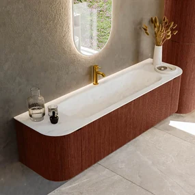 Mondiaz Kurve-dlux 170cm badmeubel ronding links/rechts ruby met 1 lade en 2 deuren en wastafel big large midden 1 kraangat opalo