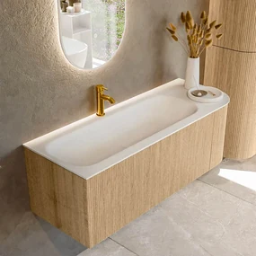 Mondiaz Kurve 125cm badmeubel ronding rechts oak met 1 lade en deur en wastafel big medium kraangat links