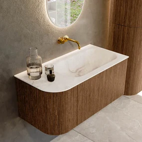 Mondiaz Kurve-dlux 95cm badmeubel ronding links walnut met 1 lade en deur en wastafel big small rechts zonder kraangat frappe