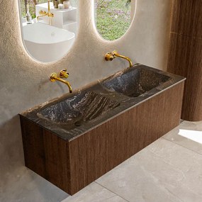 Mondiaz Kurve-dlux 120cm badmeubel walnut met 1 lade en wastafel leaf dubbel zonder kraangat lava