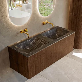 Mondiaz Kurve-dlux 120cm badmeubel walnut met 1 lade en wastafel leaf dubbel zonder kraangat lava